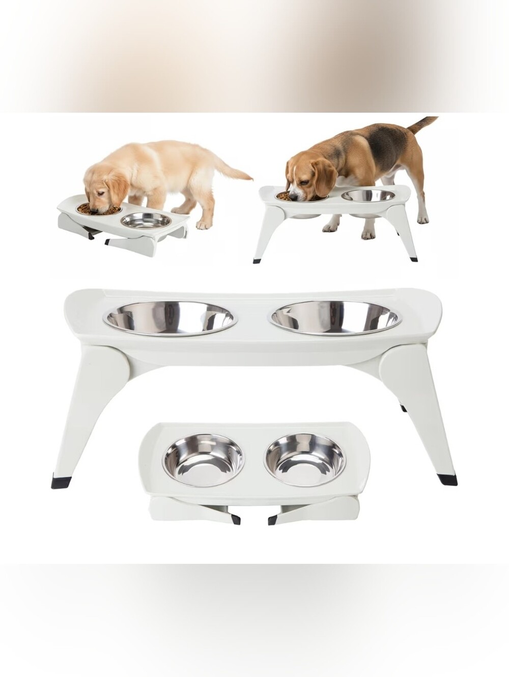 Elevated Double Pet Feeder with Stainless Steel Bowls - White